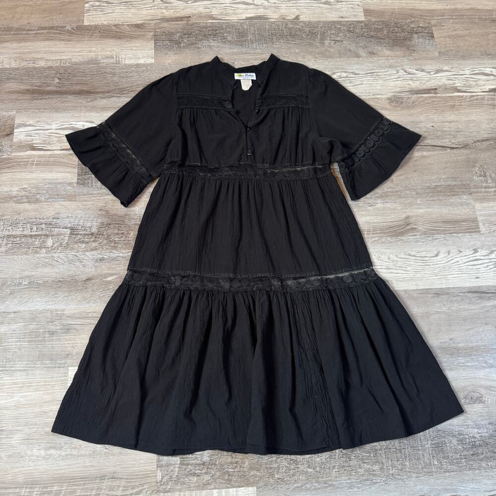 Vintage 70s Two Potato Black Lace Prairie Midi Dress Bell Sleeve USA CA Large